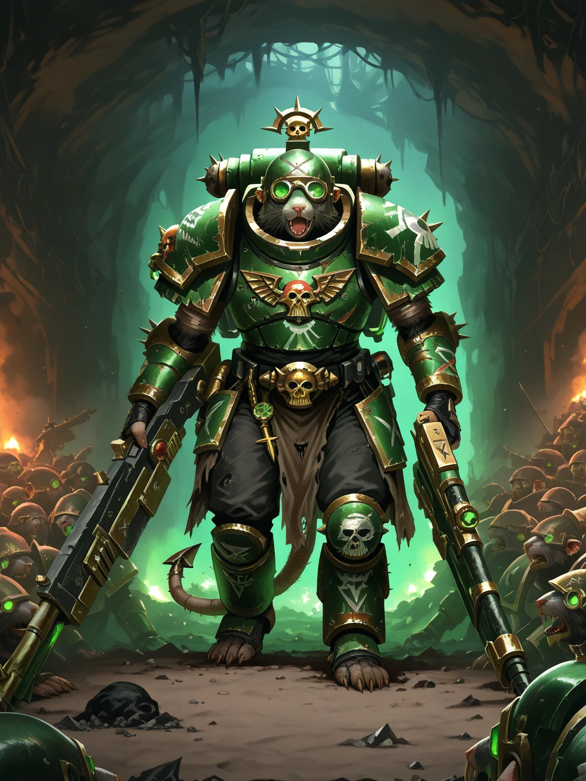 A digital painting of a Skaven from Warhammer Fantasy. The Skaven is depicted as a bipedal rat-like creature with grey fur and a long, scaly tail. It is wearing a tattered brown cloak and a metal helmet with a pair of goggles. It is also carrying a variety of gadgets and a backpack full of alchemical potions. The Skaven is standing in a dark, underground chamber, surrounded by piles of garbage and debris. The air is thick with the smell of decay and the sound of dripping water. Holding a las rifle, Warhammer 40k, high quality, best quality, masterpiece, bronze armor,