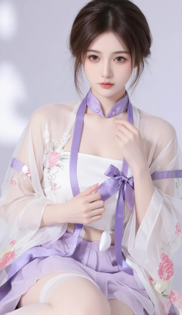 Mei Niang was wearing a pale purple Luoza shirt with wide sleeves and breasts.,Wearing a pure white gauze bellyband,A pair of nipples are faintly visible through the tulle,The chest-high bellyband is exposed,The upper body is very close-fitting because of the ribbons used to fix the waist and shoulders,The lower body from the waist down is a loose skirt that reaches the ground.。Accompanied by the master's flowing steps,A pair of plump breasts stand out in the clothes that fit tightly to the body,In every slight tremor,You can clearly see the deep and attractive cleavage in the middle of the two squeezed white breasts.,It feels like it might burst at any moment.。The woman's plump buttocks and slender thighs are wrapped in a loose skirt, making it difficult to see her true appearance.,But if you observe carefully, every time Mei Niang lifts her feet and steps, she brings out a few faintly visible lines of her lower body.,I can still imagine the wonderful scenery under the skirt。She was wearing a pair of silver transparent women's shoes.,The smooth surface of the foot is completely exposed,Mei Niang's two sexy and smooth jade feet are looming,Even with such a sexy and attractive figure,But paired with a beautiful and noble high bun,