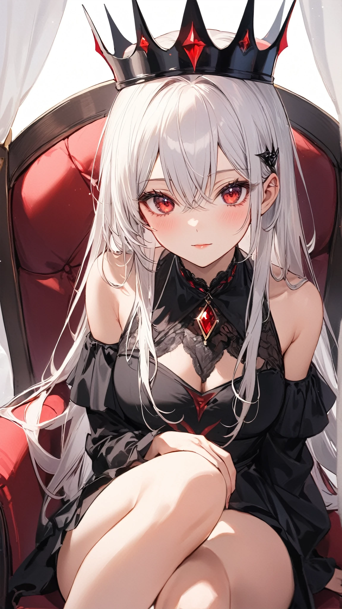 Vampire woman with Reddish-white hair and red eyes and Vertical pupil sitting in the chair with creepy background