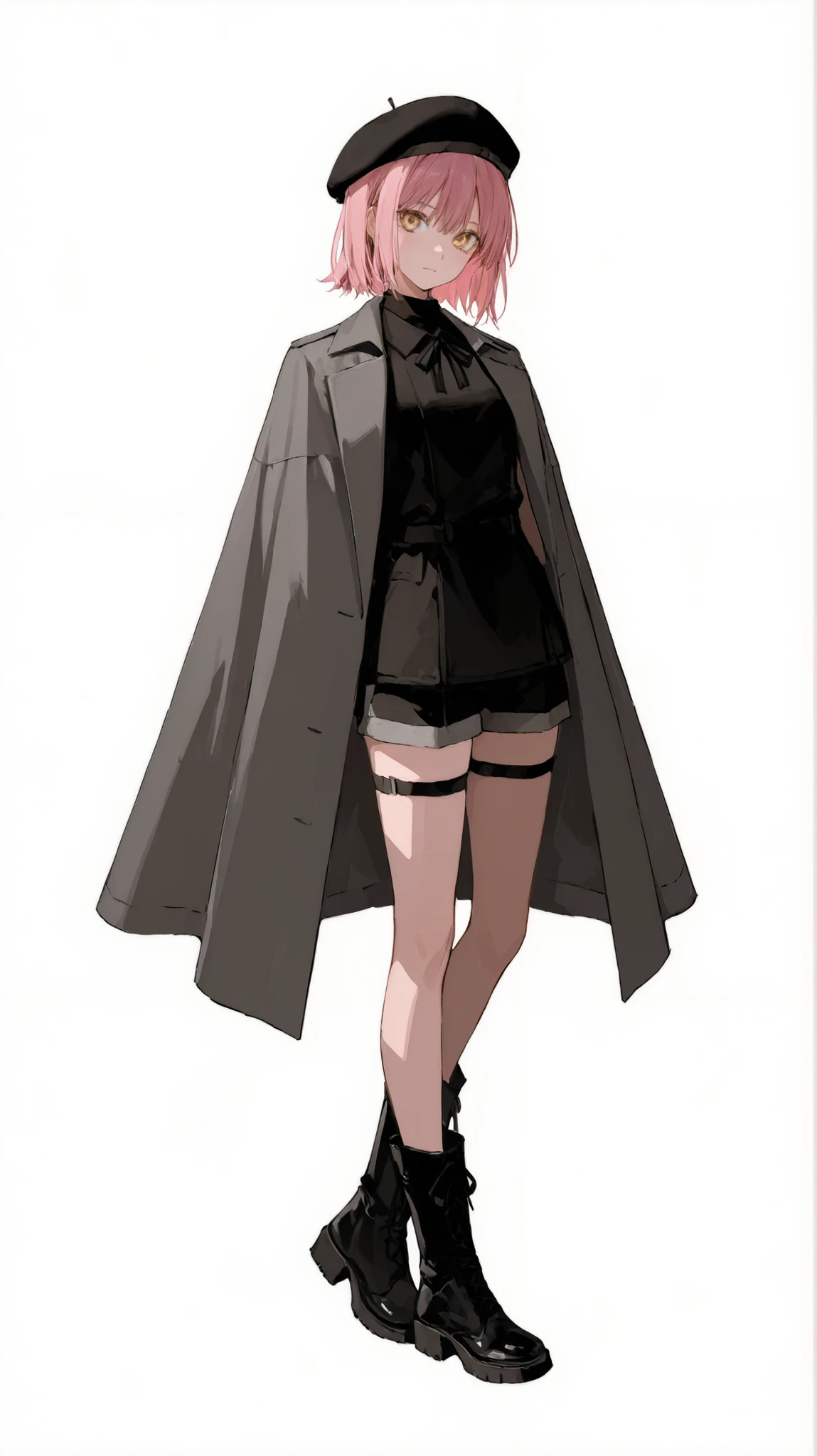 High Definition One girl Full Body front Standing picture Short pink hair short hair Golden eyes dark grey cape coat black beret shorts black short boots white background