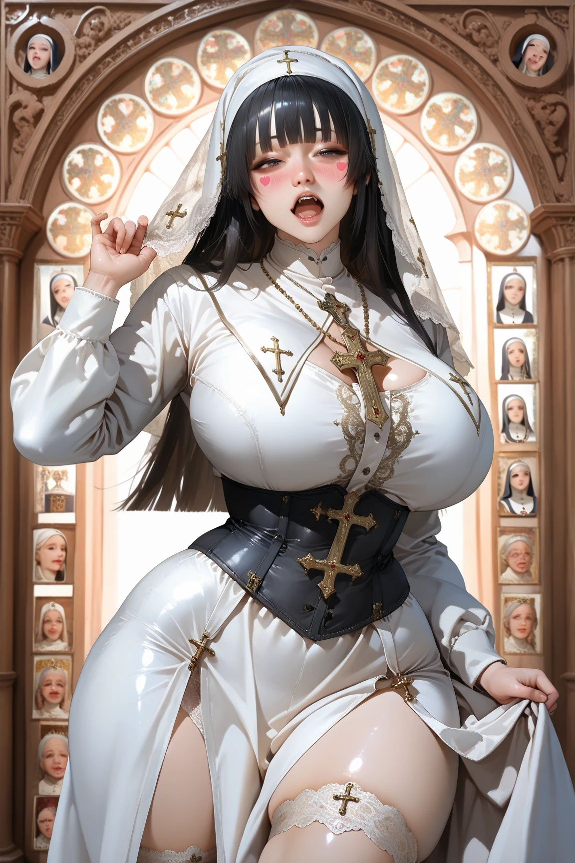 NSFW,blonde nun, (masterpiece:1,2, best quality), (magazine cover),slicked-back-hairstyle, (colorful Magazine cover abundant with text), vstylish, chic, high-fashion, captivating, elegant, trendy, fashionable, radiant, attention-grabbing, dazzling, sophisticated, stunning, dramatic, (((She boasts a statuesque height, complemented by an hourglass figure, She is adorned with pale blonde hair), (((Her perfectly round and perky breasts are of an impressive E cup size))),, (((she exhibits an exquisite white lingerie set from 'La Perla' which includes the 'Maison Lace Underwire Bra’, the 'Maison Lace Thong', and the 'Maison Lace Garter Belt'))),wearing black-nun-veil