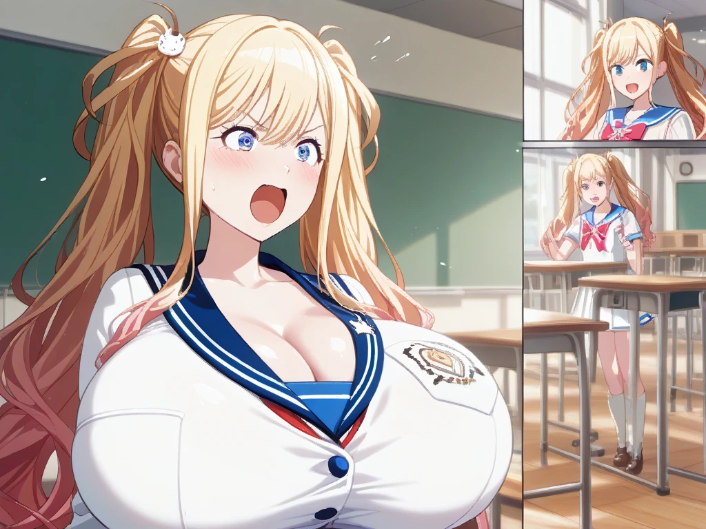 One girl, Beautiful smile, Open your mouth, Abstract, School, masterpiece, highest quality, so beautiful, Absurd, up to date, Complex details, AI-generated, Complex,High resolution, highest quality, super high quality,3D Images、View the viewers、3D Images,one person,anime girl with long blonde hair and blue eyes posing for a picture, a hyperRealistic , hyperRealistic , Realistic , blonde anime girl with long hair, Smooth anime CG art, Beautiful anime school girl, (Large Breasts:1.5), Mature Body,Fine details,Abdominal muscles
