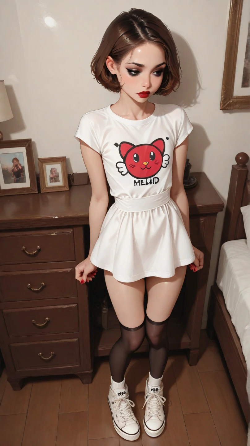 21 year old girl with big breasts and small waist dressed in cute clothes, ropa infantil, ropa tierna, He is in his bedroom with white light, white marble floor and mirrored background of a closet with expensive clothes and sneakers, usa ropita pink, ropita rosa, no usa brasier, muy zorrita, usa orejas de gato, diadema con orejas de gato