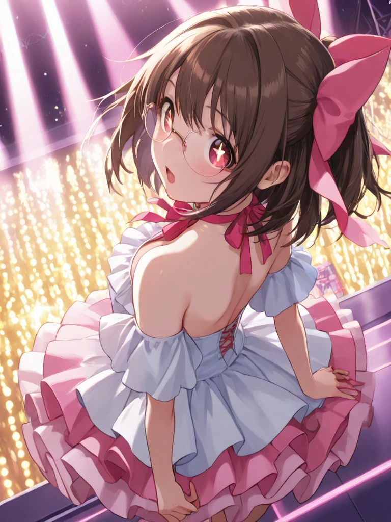 Nagino Sakura, brown eyes, brown hair, hair band, medium length hair, Big Breasts, , live stage, large breasts, 1girl, smile, nsfw, naked,