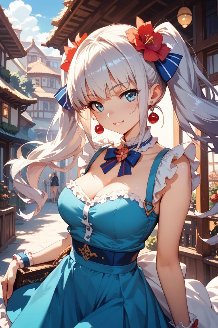 ((silver hair)),((pink eyes)),((long hair with curls)),((With bangs)),((fashion//Traditional and sexy red, white and light blue costume:1.3)),((Cute and moving around energetically)),((lots of flowers:1.35)),(blush),((happy face:1.2)),(close up of face:1.3),((celebration)),(NSFW),((small breasts:1.2)),