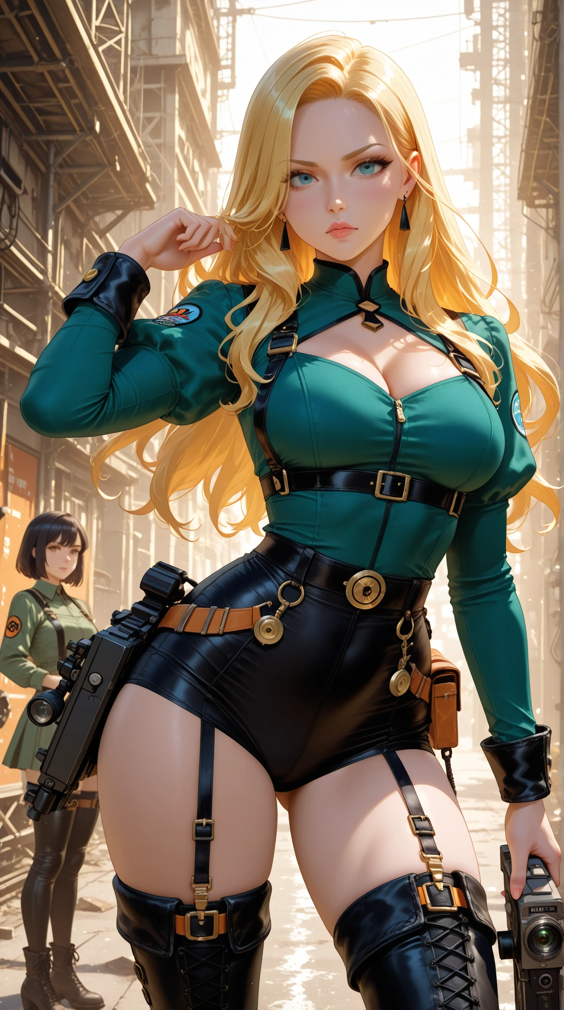 2 gorgeus girls, olhos verdes profundos amendoados, Muscular arms, Ultra HD, retina, obra de arte, Anatomicamente Correto, pele texturizada, detalhes altos, premiado, Melhor qualidade, 8k, alto,(jacket, holster, gun holster, bondage gear, choker, headband, pantyhose, harness ), shaved pussy, large perfect breasts, wide hips, thick thighs,