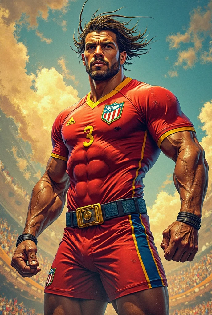 Robust champion man, torso exposed, legs bare from thighs to feet flowing long curls, meticulous muscle definition, lifelike representation, 4K resolution. Background: Stadium filled with cheering spectators,32k uhd, best quality, masterpiece, super detail, high details