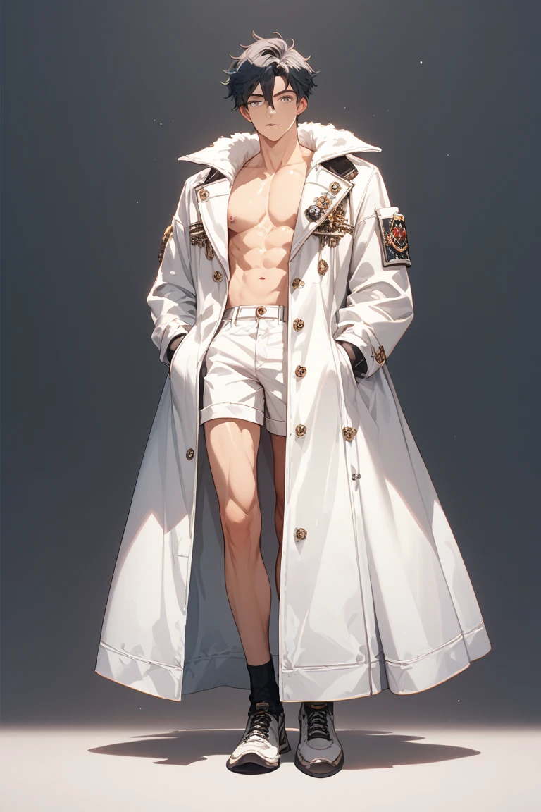 character reference sheet of a guy, teen, cute, happy, silver hair, white hair, showing abs, orange jacket, teen, sharp teeth, white backgrounds.