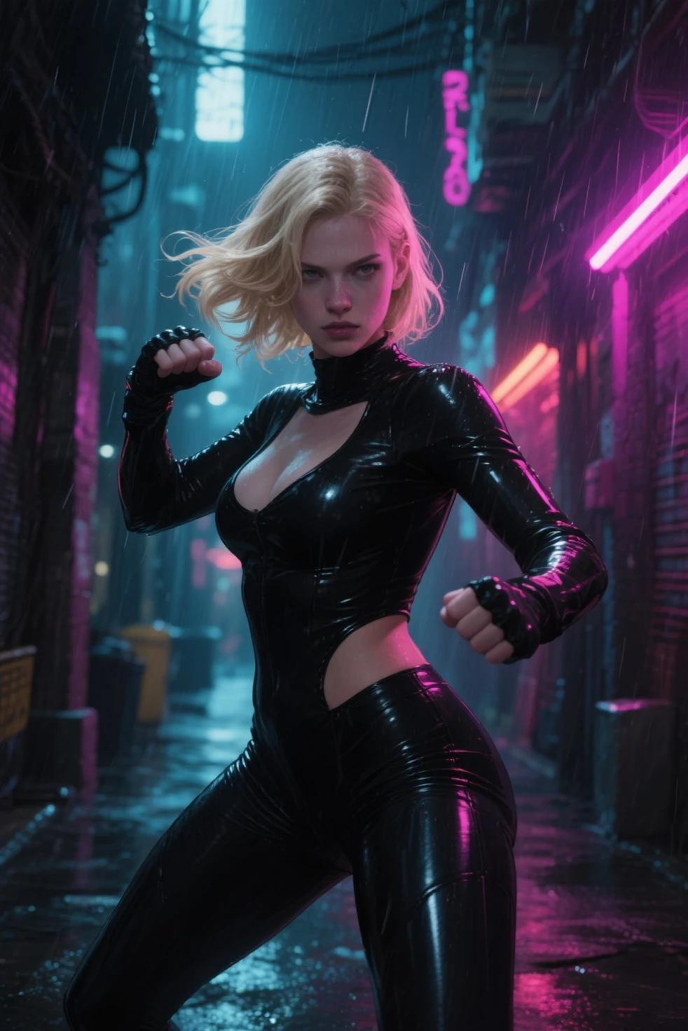 portrait photo of tall athletic female replicant standing on rooftop in Los Angeles, wet, short platinum blond hair, strong jaw and chin, frowning, Blade Runner style, photorealistic, rainy night, beautiful lighting, bokeh, dutch angle, masterpiece, backlighting
