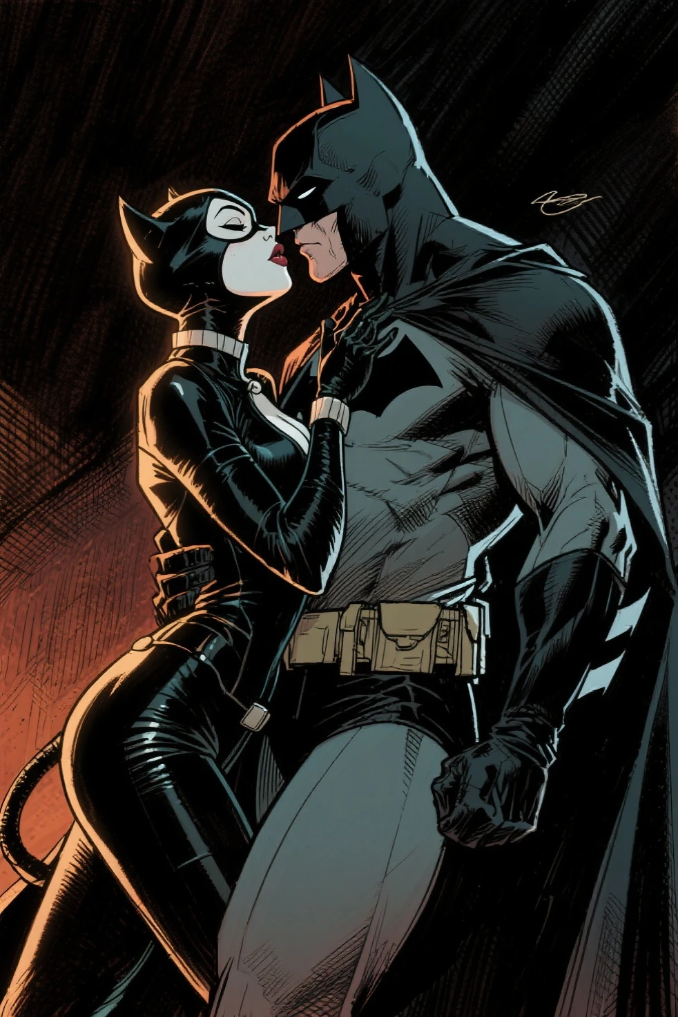 The image is a comic book panel featuring two characters.batman and catwoman catwoman, dressed in a black catsuit and wearing a mask with cat ears, is leaning over another character who is lying on the ground. The character lying down is dressed in a dark costume resembling a Batman. The background shows a row of columns in a nighttime scene.
Nsfw
The sex scene suggests a moment of flirtation and tension between the two characters.