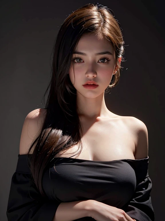Best quality, masterpiece, ultra high res, (photorealistic:1.4), raw photo, 1girl, offshoulder, in the dark, deep shadow, low key, cold light