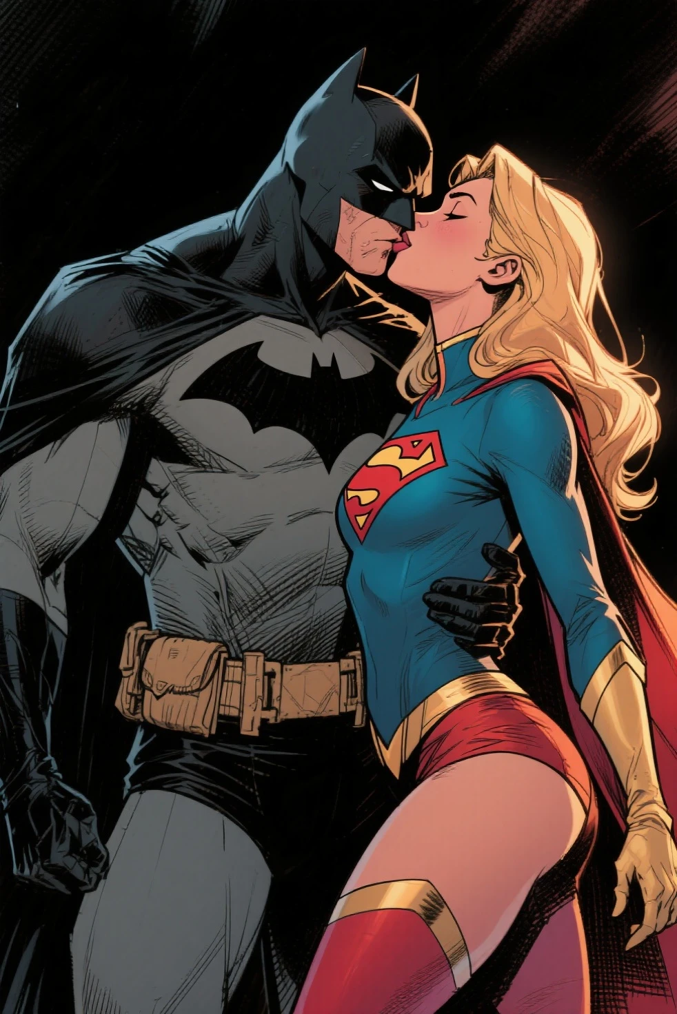 Hyper realistic image of Super Girl kissing Batman. Batman's erect penis is visible on his suit. Super Girl has her hand on Batman's penis. Super Girl is blonde, she has a fit body and her breasts are big since they have surgery. Batman is touching Super Girl's breast.