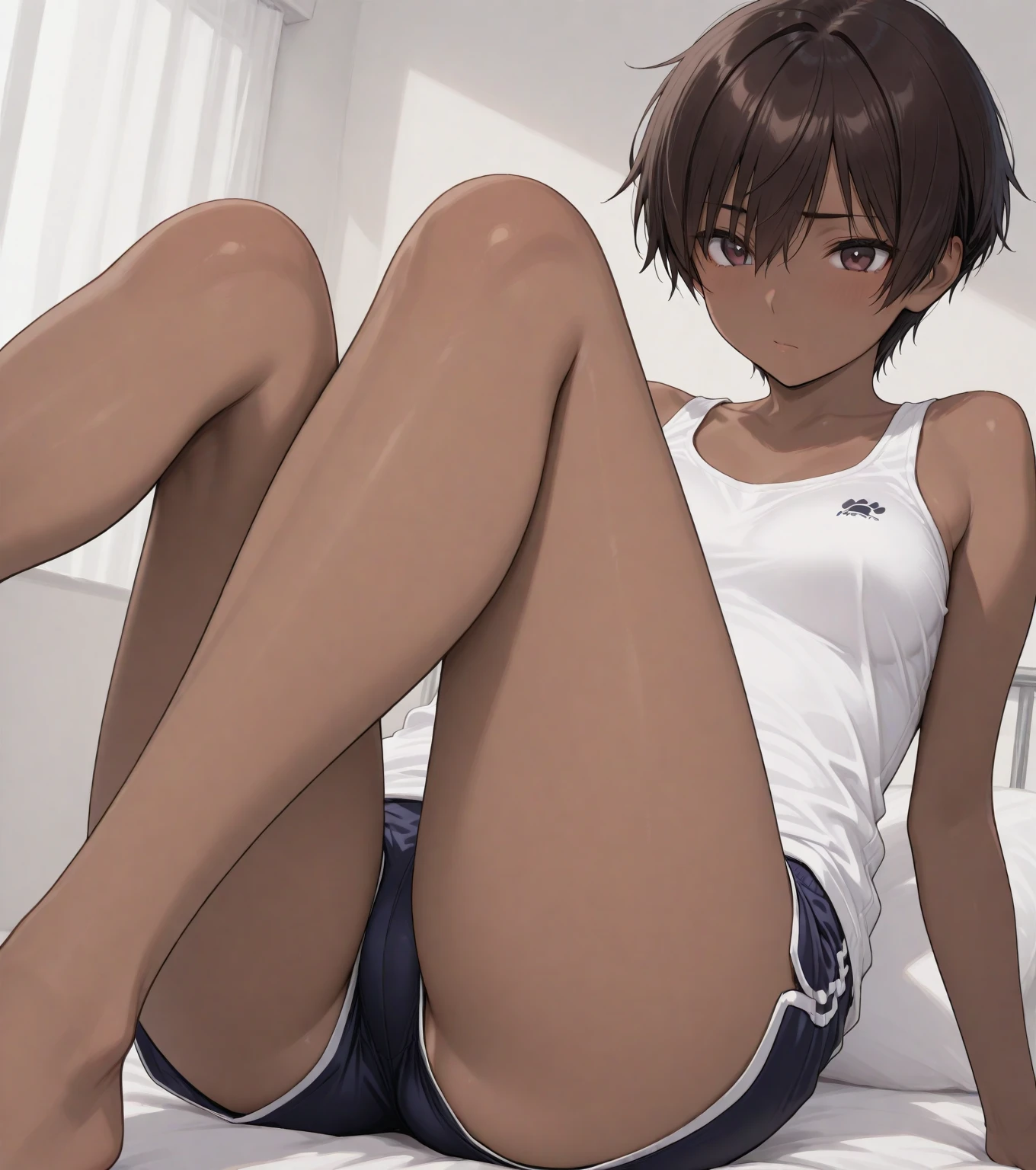 1boy, male focus, nipples,pussy , solo, brown hair,(small breasts:1.6), navel, (tank top lift) , smile, habit, looking at viewer, sweat,teeth, yellow eyes, child, flashing,short,very short hair,spiky hair,abs, muscular,,sitting,spreading pussy.dark skin,legs up