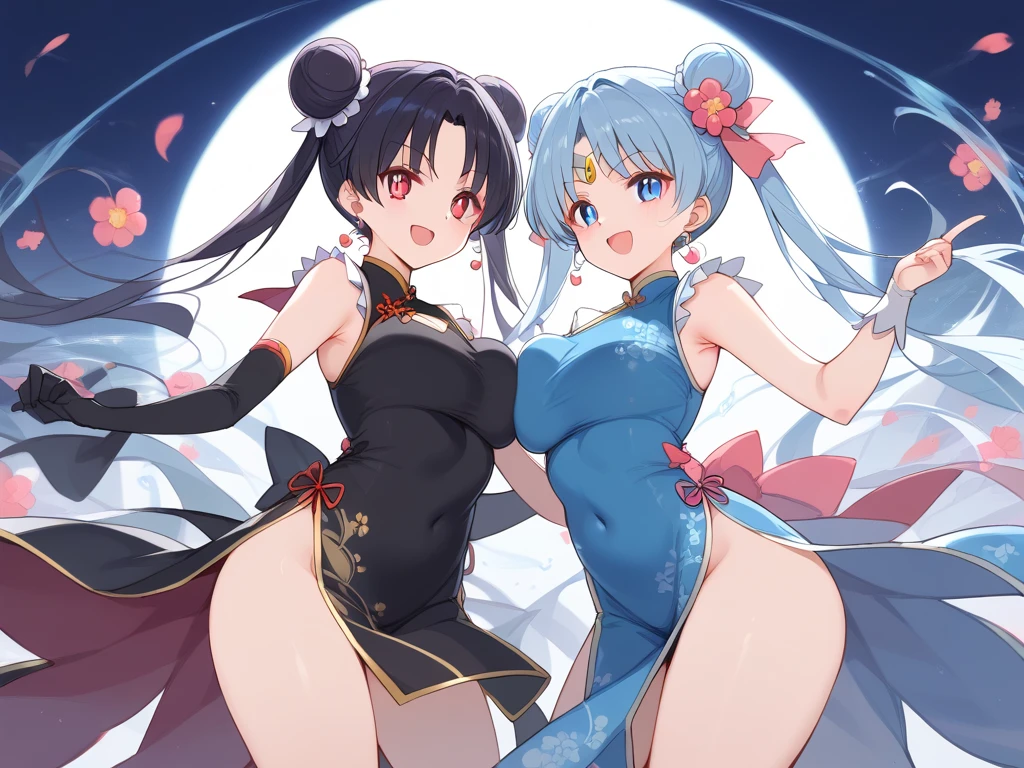 Demon and Angel 4K Girl with black hair, 17 years old, medium bust. Light blue eyes, long hair, tied in a bow on the left...,, wearing a Chinese dress, showing thighs, wearing earrings, hands clasped in a heart shape. With a smiling face.