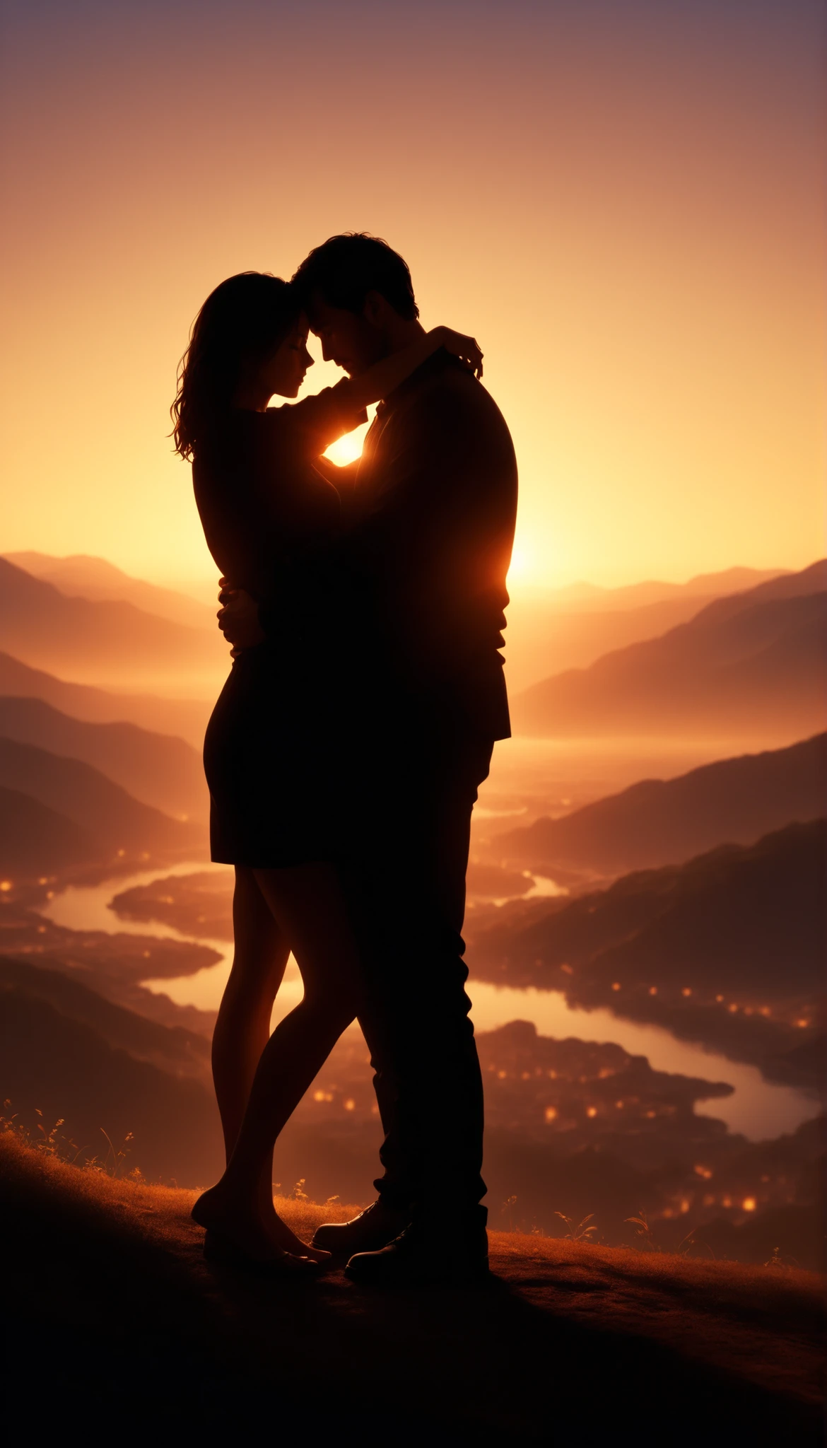 Backlight at dusk, Silhouettes of a man and woman hugging each other, Graceful Poses, Emotional Moments , warm atmosphere, A realistic work that accurately depicts every detail, 8K High Resolution, professional lighting, physics-based rendering, vivid colors, bokeh, Deep sense of depth, An atmospheric landscape