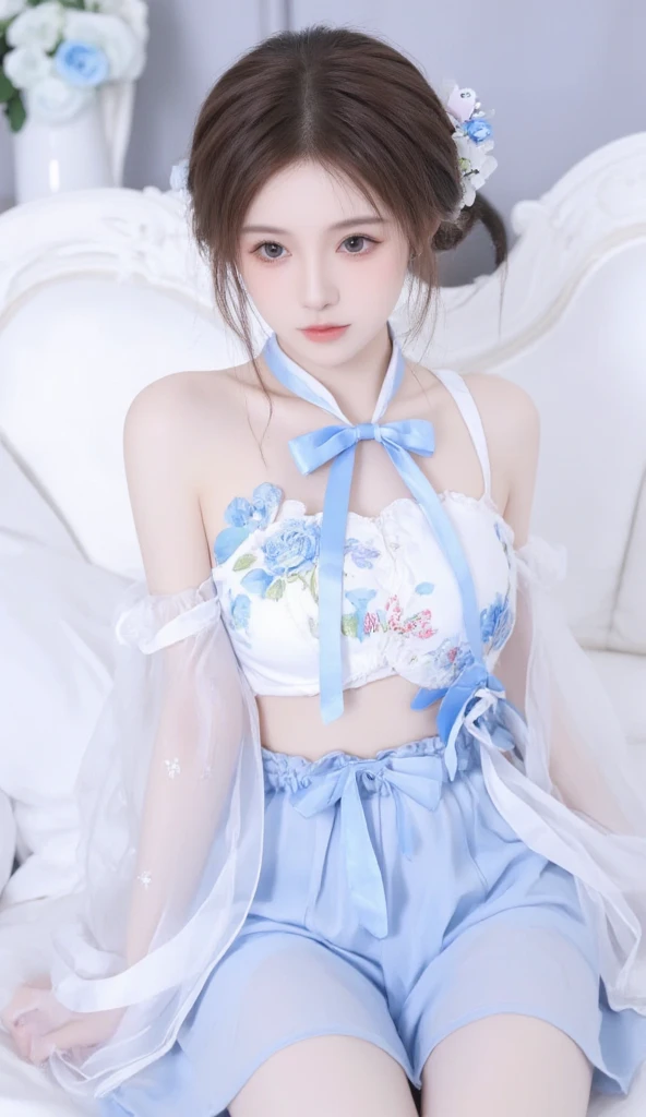 sweet_Lolita (best quality, masterpiece:1.2), tianfeng1, Extremely detailed, (Practical:1.37), beautiful, youth, Glamorous model, Warm colors, ((Full body view,Bend your knees naturally,Skin is firm and smooth)), ((in old fashioned room,Sitting on a low bed,lean back,Support the body with your elbows)), ((Elegant and natural gesture)), (big eyes, Exquisite eyes, Delicate lips, Exquisite eyes), Available in white and floral pattern, Show a bright smile, fit, Full breasts, ((Large Breasts)), Long legs, Create a stunning photo of a sleeping girl