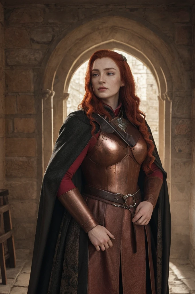 Face of Sophie Turner, Sansa Stark played by Sophie Turner, the de facto Lady of the Eyrie, is a 14-year-old mature queen with a stunning, alluring appearance. Full Face, pierced eyes, reddish lips, upper body shot, erotic Mediaeval costumes, game of thrones costumes, She wears a Game of Thrones-inspired costume and has a deep cleavage, a perfect thick body, and a perfect thick figure. The photograph captures her in a close-up, with her skin texture and facial features being ultra-realistic and realistic.
