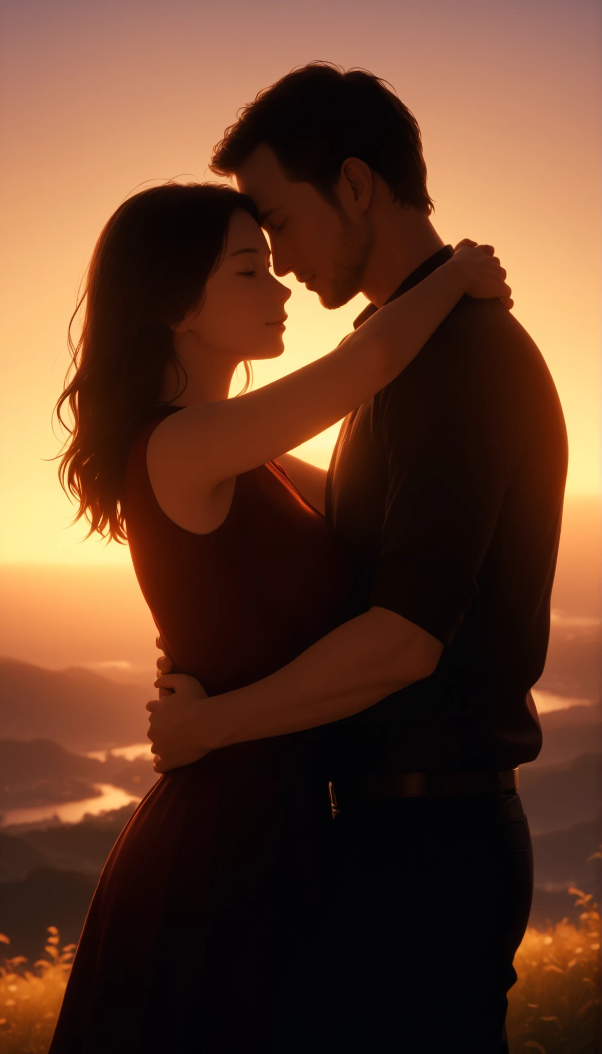 Backlight at dusk, Silhouettes of a man and woman hugging each other, Graceful Poses, Emotional Moments , warm atmosphere, A realistic work that accurately depicts every detail, 8K High Resolution, professional lighting, physics-based rendering, vivid colors, bokeh, Deep sense of depth, An atmospheric landscape