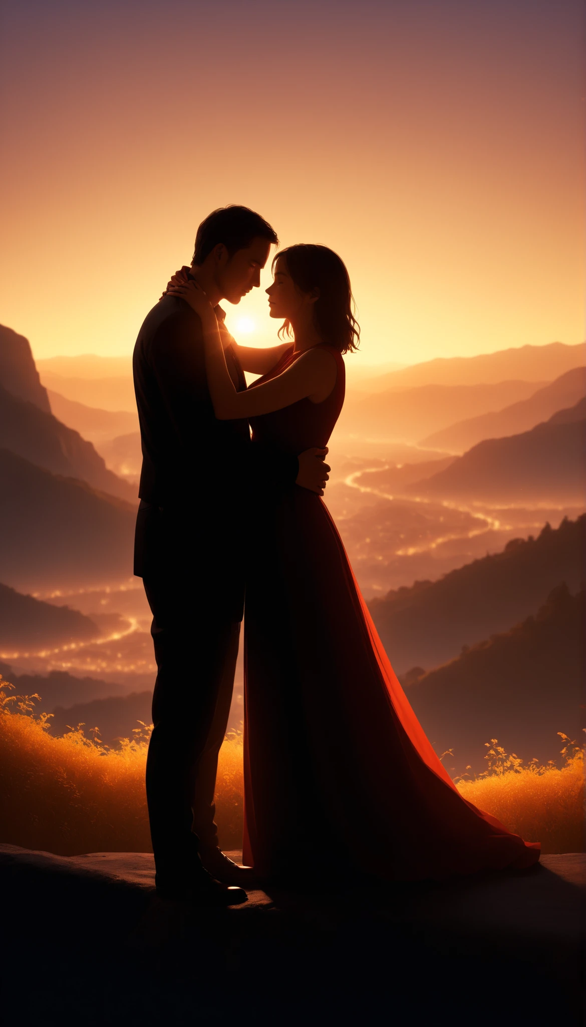 Backlight at dusk, Silhouettes of a man and woman hugging each other, Graceful Poses, Emotional Moments , warm atmosphere, A realistic work that accurately depicts every detail, 8K High Resolution, professional lighting, physics-based rendering, vivid colors, bokeh, Deep sense of depth, An atmospheric landscape