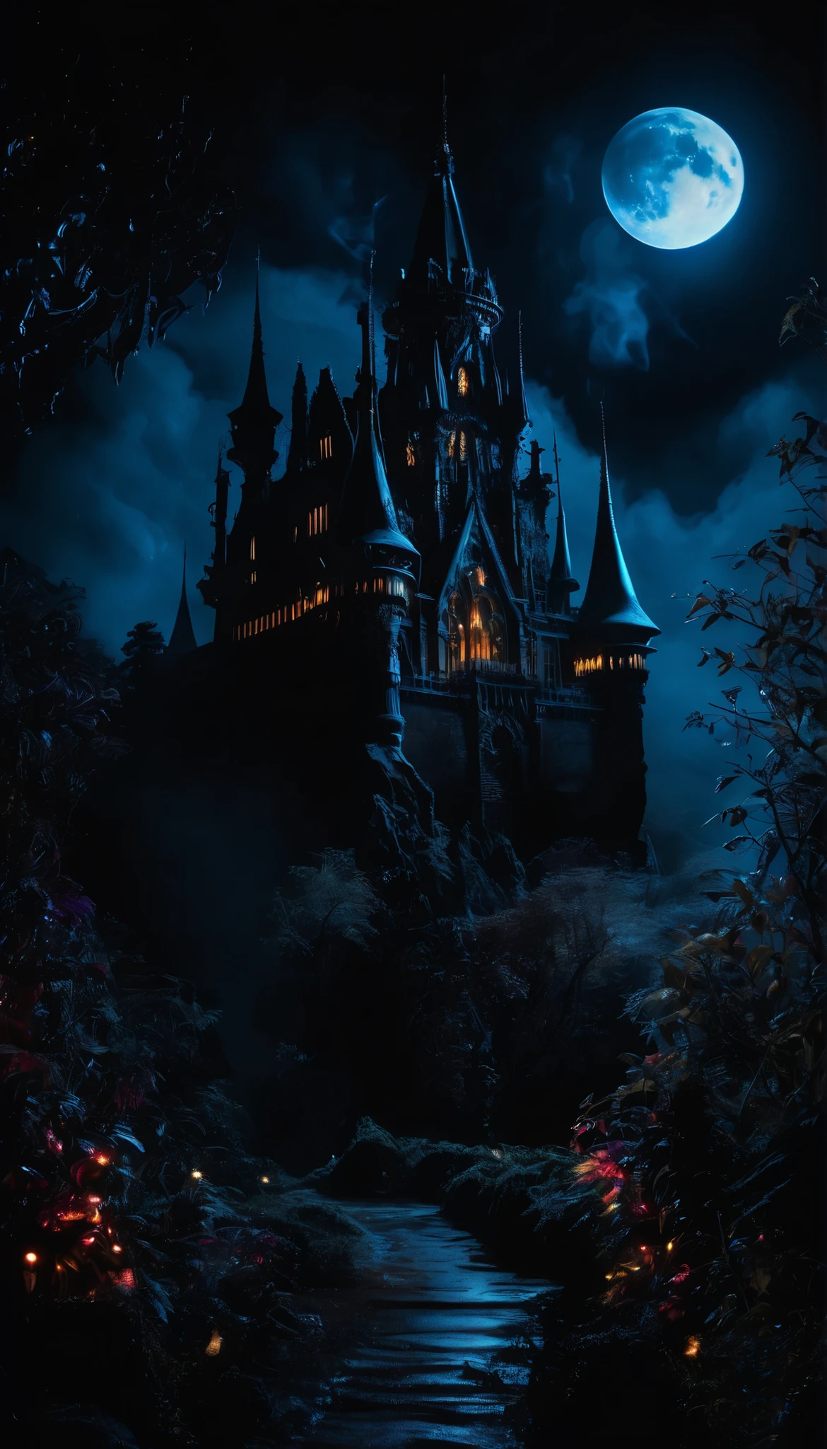 masterpiece of high-contrast shadow and light, A gothic castle on the edge of a mysterious forbidden forest, Moonlight, (fog and moonbeams:1.2), (Pure black :1.3), and (darkness:1.3), Mysterism , fantasy shot with a Nikon Z7 II mirrorless camera, Gothic Horror, Glowing Plants, Magical Phenomena ,  ULTRA REALISTIC PAINTING , complicated, High Details, clear focus, realism, darkness.
