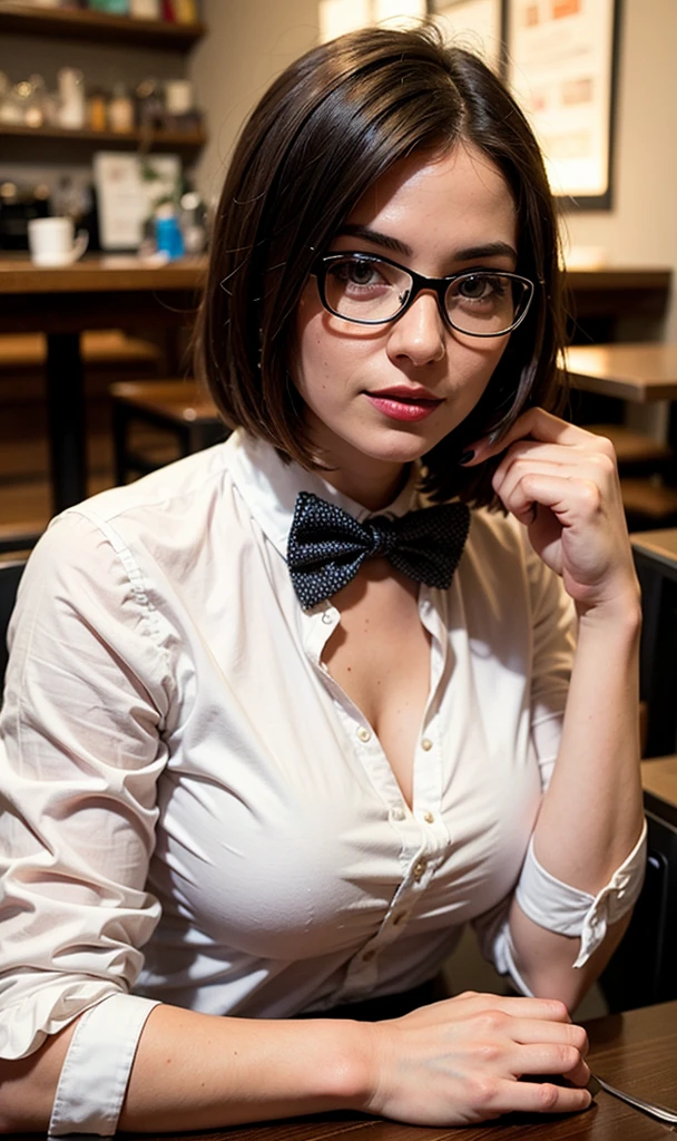 A photo of a young, nerdy woman sitting in a caf, wearing a white shirt and a bow, surrounded by a cozy atmosphere, looking at the viewer.
short hair, slender, red lips, transparent fabric, flirting with the camera