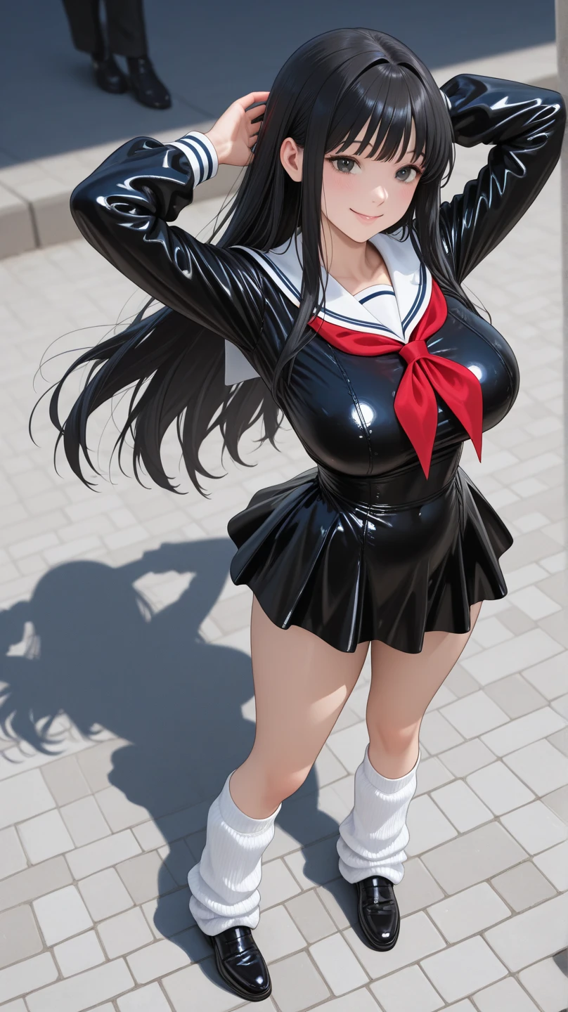 highres, masterpiece, perfect lighting, bloom, cinematic lighting, adult, perfect skin, female, looking at viewer, street, Glamour Shot, (RSEEmma:1.5),<lora:RSERomantic_RSESofiko_RSEEmma-v1:0.3>, (shiny black latex tight school uniform and latex skirt:1.3), parted bangs, (black hair), very long hair, long hair, smile