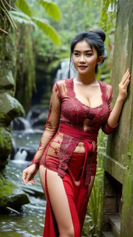 masterpiece, ultra realistic,32k,intricate details, sharp focus, realistic, closed mouth, full body, shiny skin,  seductive smile,  seductive pose, black eyes, jewelr, lips, realistic, looking_at_viewer, irene1, wet skin, shiny skin, long sleeves, indonesian clothes, bali, balinese, cityscape,  dynamic pose,((red kebaya)),full body,busty body,curvy body,long hair,beauty face,cowboy shot