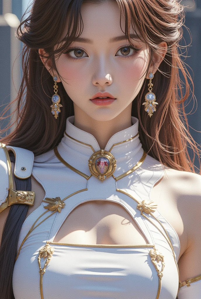 Masterpiece, Best quality, Ultra-detailed, illustration, epic lighting, Cinematic composition, isometry,(hexagons:1.2), 1girll, Horns, Solo, Yellow eyes, Black hair, Long hair, (Low wing:1.2), Large cleavage, Bare shoulders, hair between eye, Medium breasts, (White dress:1.1), Golden decoration, Detached collar, view the viewer, Semi-closed Eyes, (view the viewer:1.1), parted lip, Blush, Black feathers fall, Arena, particle fx, (8K:1.1)
