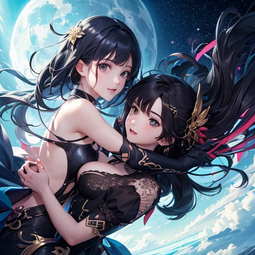best quality,8K,masterpiece,beautiful girlゲーム,smile,two girls,One side turns its butt forward,beautiful girl,beautiful girl,custom,light-novel,Isekai Fantasy,Magical girl,big breasts,Future fashion,uniform,blazer,mini skirt,horny girl,Ribbon on uniform,Outstanding style,multicolored clothes,Beautiful girl with psychic powers,long hair,Multicolored hair colors,highest quality,perfect face,hyper real stick,perfect girl,