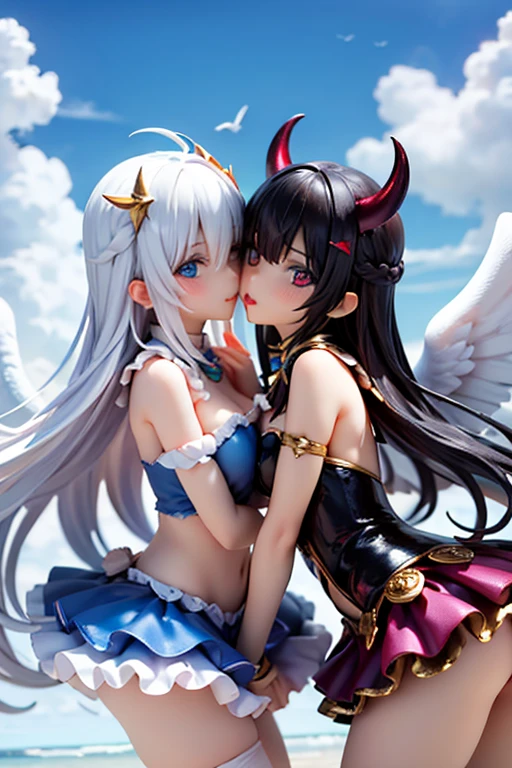 Highest quality,Highest Resolution,(((A beautiful girl with blue eyes, black hair and white angel wings on her back in a maid leotard)))and(((A beautiful girl with red eyes, purple hair, and black angel wings on her back in a gothic ta leotard)))are sitting face to face,kiss,saliva,(((Halo))),smile,Frills,Knee-high stockings,Camera angle from a distance,