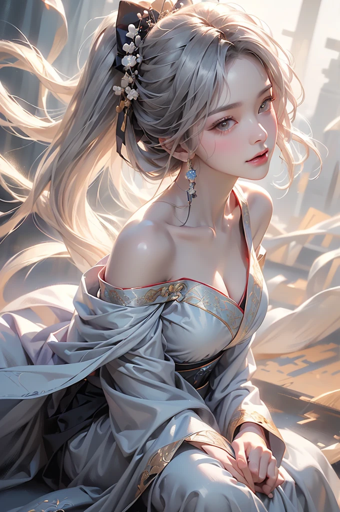 ((Above the knees image:1.3))super high quality, masterpiece, Perfect illustration, Very detailed (Exquisite light and shadow, Very dramatic photo,Backlight) , ((Gray Hair:1.5))1 Girl,(( alone:1.6)), (Wearing Han clothes, Black Hanfu,Monotony,Long sleeve、Gorgeous costumes、Highly decorated Hanfu) Flower Field, Flowers, (White smoke:1.3) (Realistic:1.4), Zen Intertwining, Tangled, Official Art, unity 8k wallpaper, Very detailed, Beautiful and beautiful, masterpiece, Highest quality, (Dynamic Angle: 1.4), Glowing Skin, (Floating colorful flashes: 1) The most beautiful chaotic shapes, elegant, Brutalist Design, Bright colors, Romantic Depth of Field Exotic_dance, half_naked、Expose your shoulders、Ample breasts、Great cleavage、Dynamic pose、Backlight,((from back side))