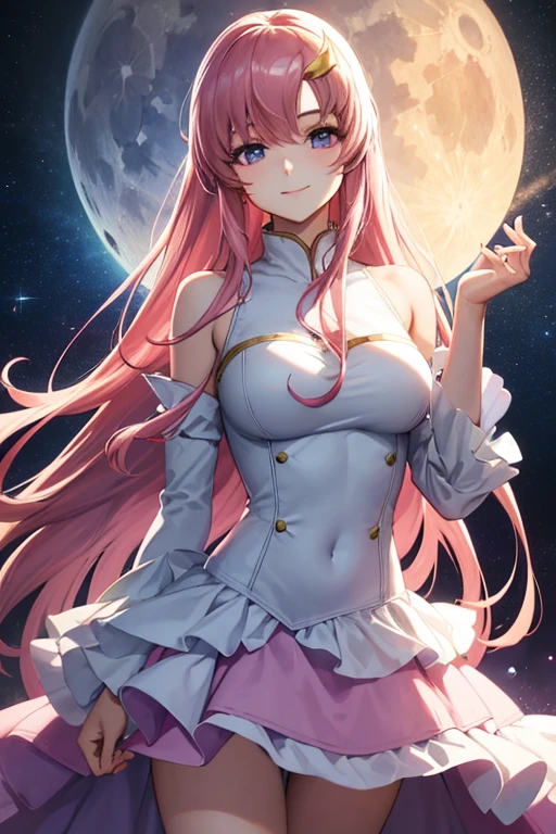 (masterpiece:1.3), (best quality:1.1), (8k, ultra detailed, ultra high res:1.2), ((anime style)), (perfect 5 fingers, perfect anatomy),
1girl,
BREAK long hair,
pink hair,
purple eyes,
long dress, white dress, long sleeve, frill, frill skirt, detached sleeves, shoulder hole tops
looking at viewer, smile, standing,
(cowboy shot1.5),
perfect light,
(detailed background:1.2), space, sun, star, moon, the cosmos, galaxy,