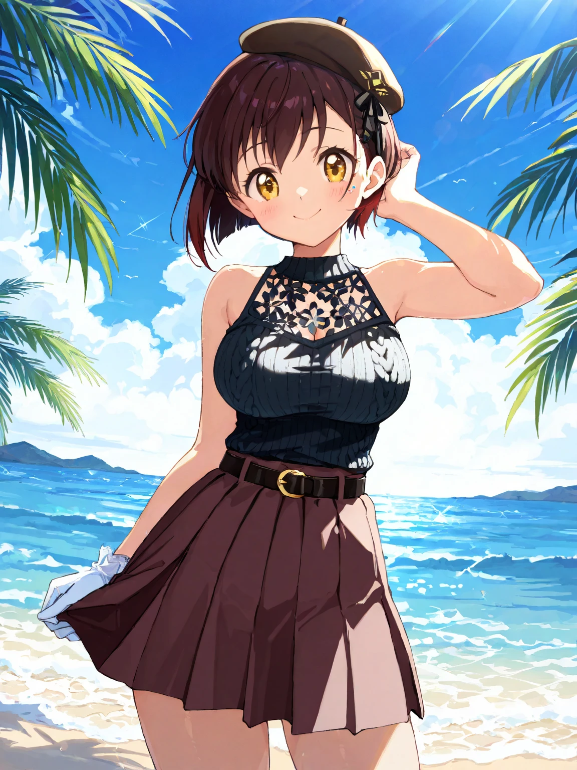 (((masterpiece))、(((top-quality))、((extremely delicate and beautiful))、(Highly detailed CG Unity 8K wallpapers:1.3)、very delicate light、(Back lighting)、(steampunc)、
/=、
(((cowboy body))、(1loli:1.3)、独奏、(小柄)、(small tits)、Yellow swimsuit、High Waist Shorts、Vermilion hair、red eyes、耳环、(Wavy Curly Shorthair)、(Ahoge)、(Cute face:1.114)、(finely eye:1.15)、(cute face:1.114)
、(Beautiful fine eyes and beautiful face:1.15)、
Girl with a smile、Look happy in a beautiful tropical landscape。Behind her the sun went down、Bring a warm glow to the scene、It creates a dreamy atmosphere。In the distance、Palm trees swaying in the breeze、sand beach、suns、the beach、Mare、Horizon, etc.、It creates a laid-back retro atmosphere。
Highly detailed ray tracing