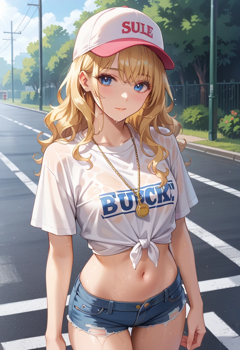 A beautiful teenage girl taking a picture with a car、Belly-baring T-shirt、Denim hot pants