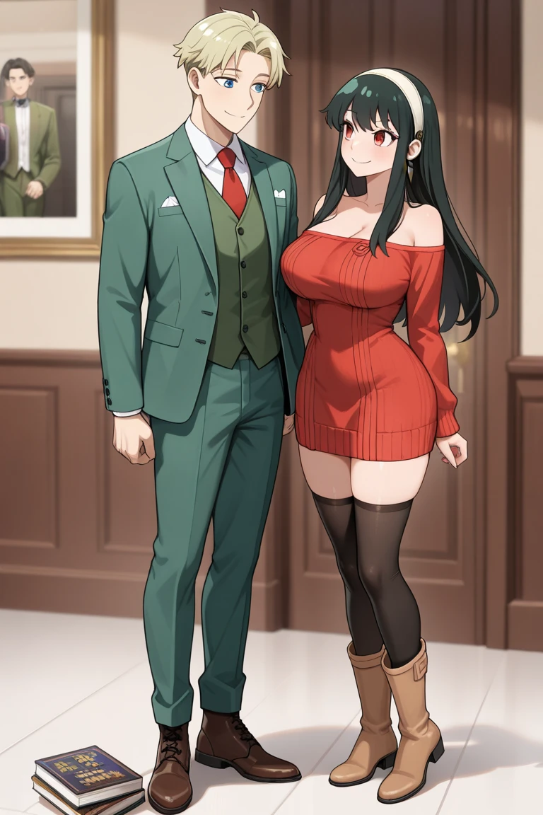 masterpiece, large breasts, (size difference, faceless male standing behind), 1girl, full body, hair ornament, bag, hair bobbles, smile, double v, blush, open mouth, hairclip, hand on another's head,