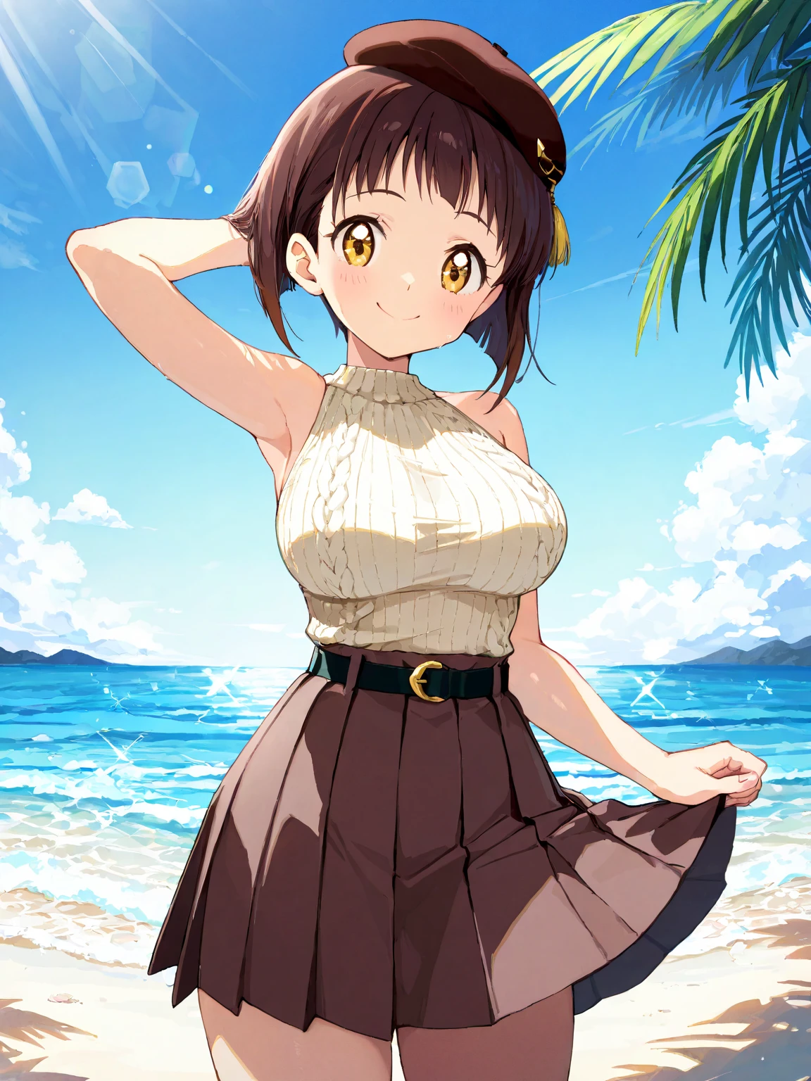 Maho Nishizumi, Pink Swimsuit,Pink Skirt, Semi-short hair,Brown Hair,Brown Eyes,Big Breasts, Smiling expression,blush, Seaside,Touching the left arm to the face,Wet clothing, Beautiful image quality,