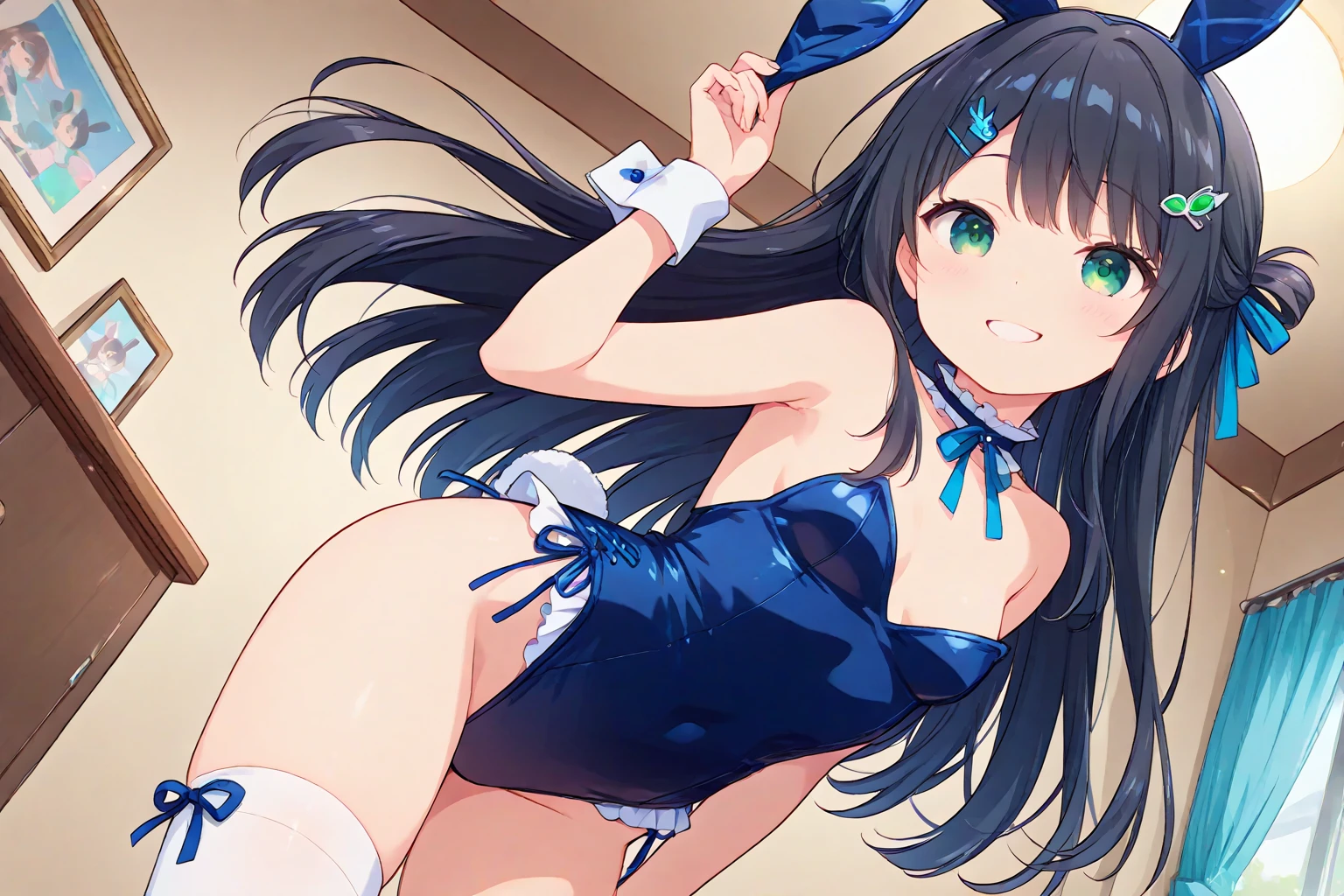 NSFW,Defestia、Twin tails,hair ornaments、White Dress、Blue bow tie、Cleavage cutout、Blue ribbon、Arm ribbon、Short dress、White gloves,(Perfect hands),(Perfect Anatomy),(masterpiece),(highest quality),Tension,Embarrassed,blush,(Brothel:1.5)