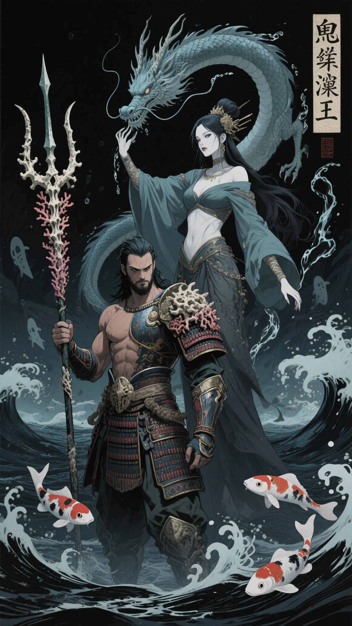 Stories from the Nihon Shoki、Izanagi(Man God)and Izanami(Female God)From the sky、Please generate an image of the ground being created.。Izanami is wearing underwear and a red haori coat.。Izanagiは筋肉隆々is。