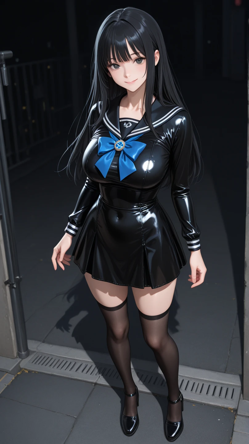 Best quality, masterpiece, ultra high res, raw photo, beautiful and aesthetic,deep shadow, dark theme,(ultra detailed:1.3),
1girl, standing pose, Headdress, (beautiful face, detailed eye:1.2), embarrassed, (busty breasts, gigantic breasts:1.1), drill hair, long hair, blonde hair, gradient hair, yellow eyes, solo, big hair, blue hair, divine goddess, looking at viewer, indoors, modern bedroom, astraea, full body, (translucent latex clear sailor uniform:1.4), (glossy latex gloves:1.2), stomach cutout, navel, (Glossy black thigh-high boots:1.2)