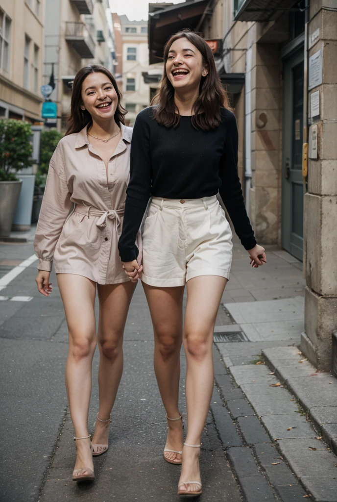 (Two women walking side by side through the city:1.3), (Two women:1.2), whole body, sole, ((Detailed face:1.2)), (Brown Hair, Side Ponytail), Beautiful breasts, Slender body,Beautiful thighs, (Brown cardigan, White shirt, Checkered Skirt, Knee socks:1.2), (shiny blue satin panties:1.3)、(shiny dark pink satin panties:1.3)、(Horizontal lace panties that cover the butt:1.1), Embarrassed expression, (A strong wind from below is blowing her skirt up:1.3), look back, Angle from behind
