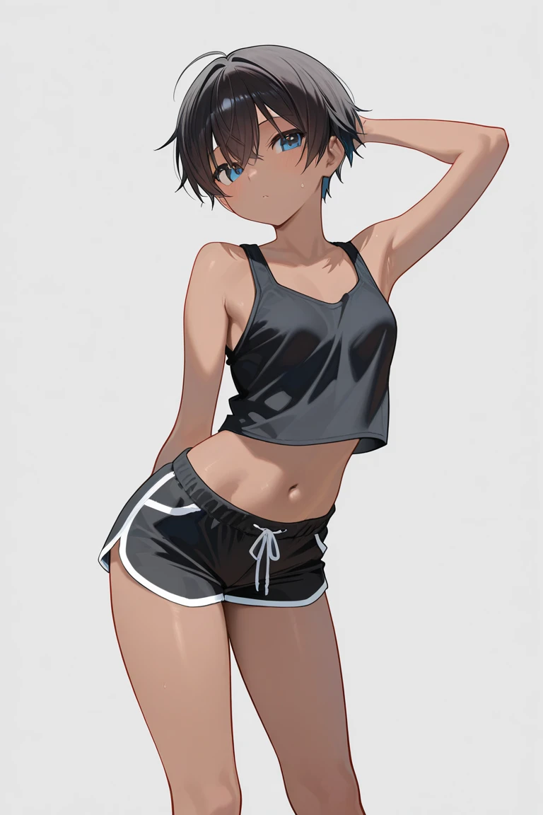 Cute girl in a hoodie、Belly button、Shoulder、slender、Tight clothing、Pixie Cut、Sporty、Grown-up、24-years-old、Red-brown hair、Accentuated breasts、Brown Skin、Earrings、Simple Necklace