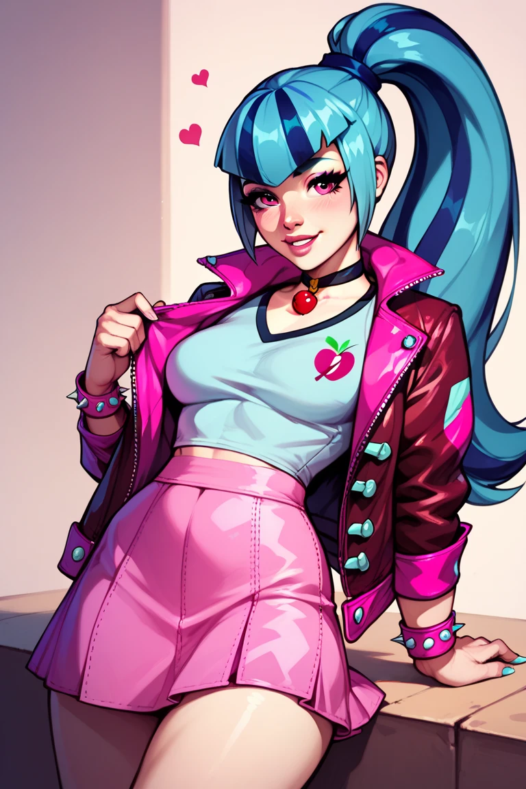 Sonata dusk, The woman, Average Breasts, Adult, violet eyes, naked ass,  femenine body, Female genitals, in full height, Holds the microphone, Room, TV screen, sings karaoke, Dancing, A big smile, Blue hair, pony tail