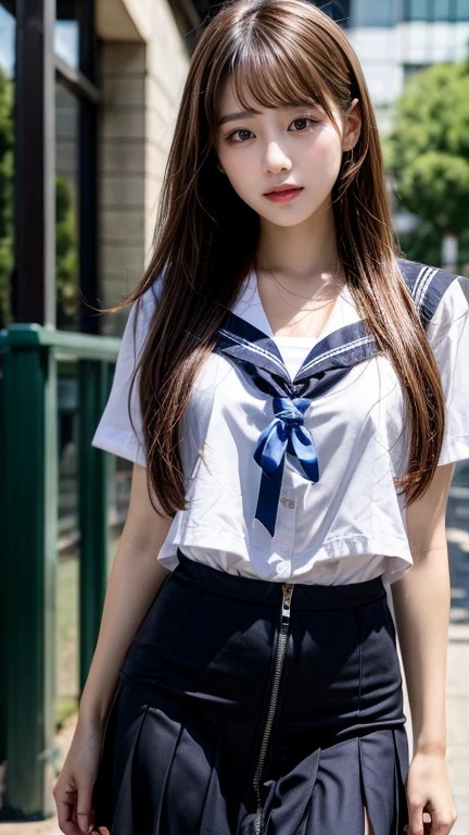 (Browsing Caution:1.3), ((masterpiece)), ((Highest quality)), (Very detailedな), ((cute)), cute, (Multi-point), ((sexy)), (device), ((Very detailed)), 4K, (8k), Highest quality, (beautiful), hyper cute face, shape, Anime Style,hyper Genuineistic, Genuine, Dynamic Angle, ((whole body)), close, Thick outline, Clear contours, at school, (1 girl, cute girl:1.5), (High school girl sailor suit:1.5), beautiful light brown hair, beautiful brown eyes, ((beautiful eyes)), (sit, look forward to, mini skirt,Panty shot:1.5), short hair, Big Breasts, shoes, smile,(Horie Yui:1.6)