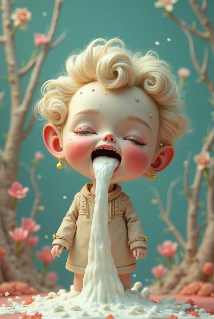 A cute little boy was brushing his teeth, with lots of white foam, curly hair, antenna hair, Minimalism, anime style, Pixar, halftone, from above, close-up, UHD, textured skin, best quality, highres, 8k