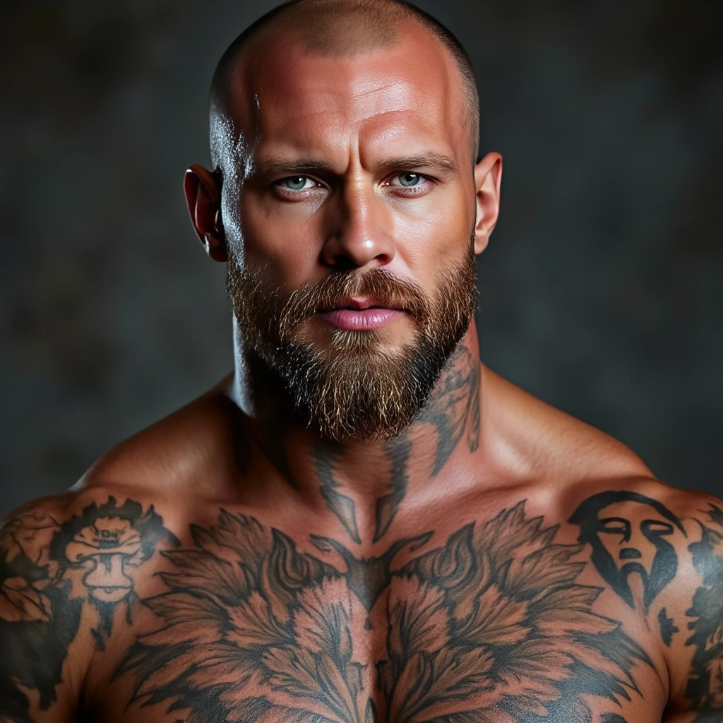 Create a blonde adult man with short spiky hair, with a short beard and wearing a red Gucci headband,he is strong and has many tattoos on his body, and a necklace with a cross