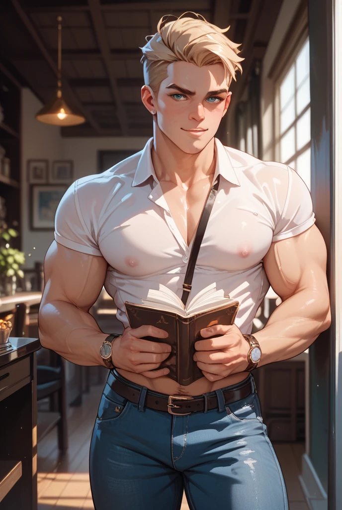 best quality, masterpiece, extremely detailed, masculine, 25 year old muscular bodybuilder man, wearing glasses, innocent round face with soft features, (muscular bodybuilder), very cheeky  smile, fitted clothes, quartz crystal pendant, leaning against bookshelf, reaching one hand towards camera, in library, afterhours, at night, very dim lighting, dark cinematic shadows, dreamy atmosphere, perfect face, perfect hands, perfection