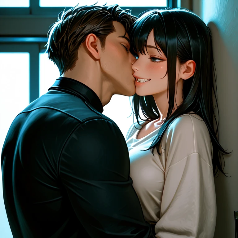 Sexy woman being kissed on the neck by a young boy