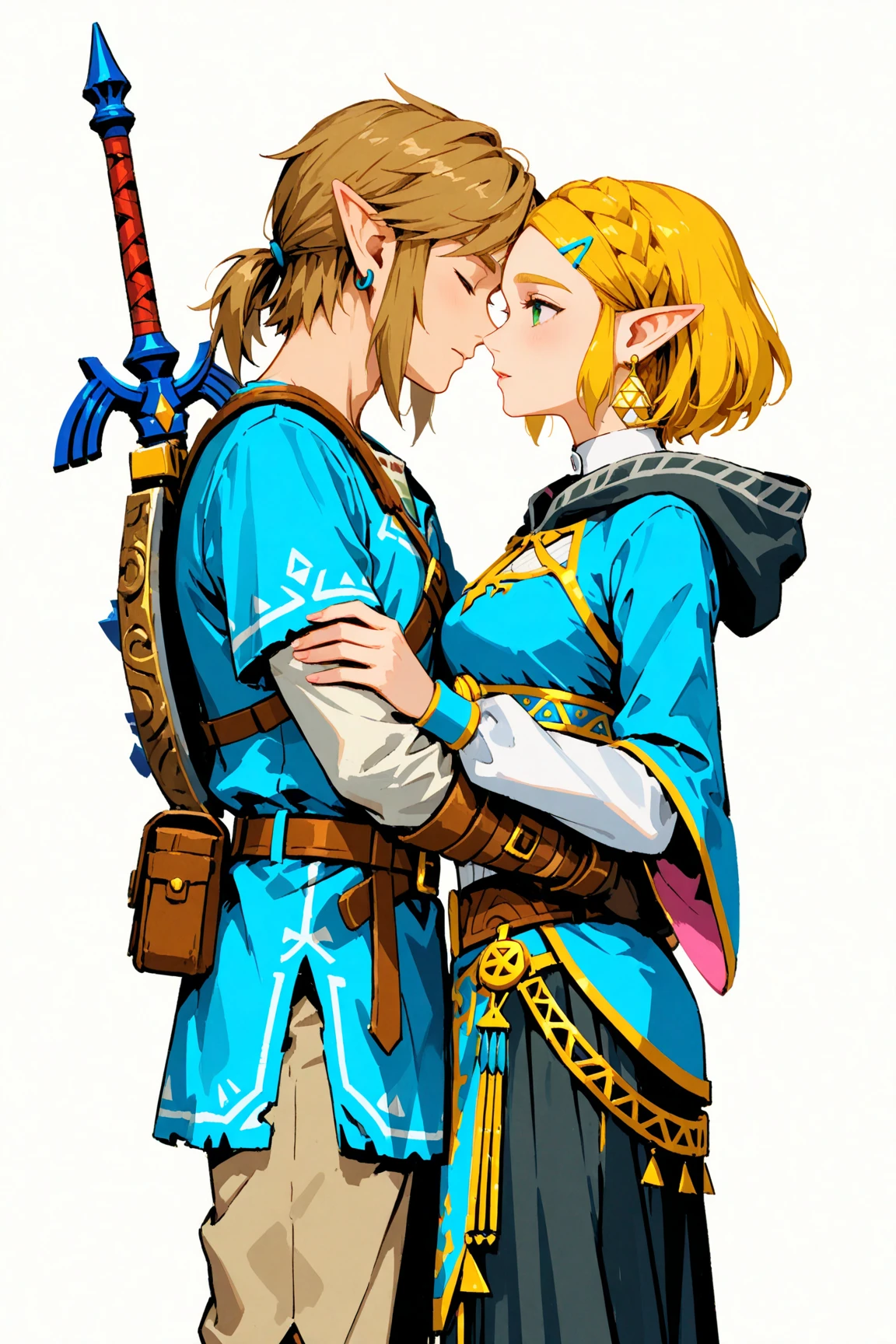 masterpiece, best quality, <lora:lxz-000010:1> ,1girl, princess zelda, link, 1boy, pointy ears, blonde hair, blue eyes, sword, weapon, cape, ass, green eyes, gloves, hair ornament, hairclip, open mouth, short hair, master sword, hug, braid, earrings, ponytail, jewelry, blush, fingerless gloves, boots, pants