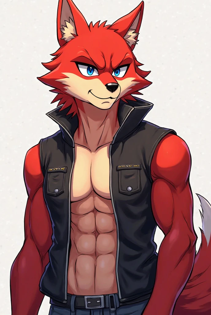 Wolf with red fur and white fur, pirate, muscular, with red tail