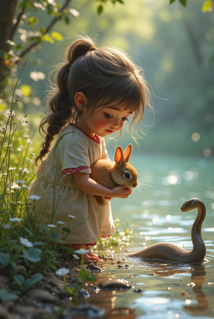 whimsical water color, airbrushed stylish whimsical with tied hair in a dress of pastel colors sits on the shore and looks into a puddle of water and sees her reflection, next to her is a turtle, a rabbit Add some pine nuts to the water.